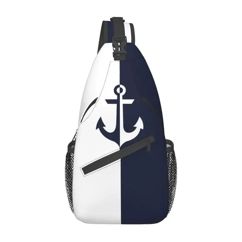 Custom Nautical White Navy Blue Anchor Sling Chest Crossbody Bag Men Casual Shoulder Backpack for Traveling