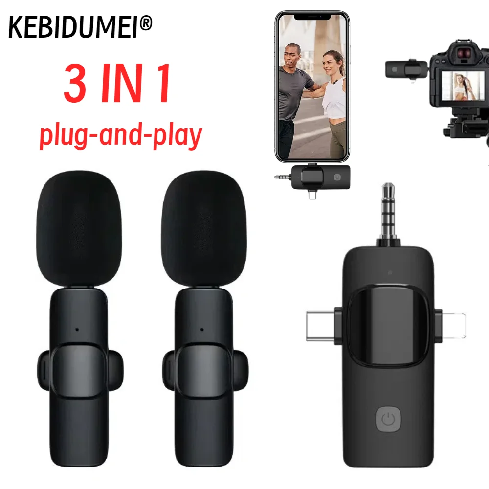Microfone de lapela sem fio 3 em 1 para iPhone Android 3,5 mm para rádio Gravação ao vivo Mini microfone com redução de ruído