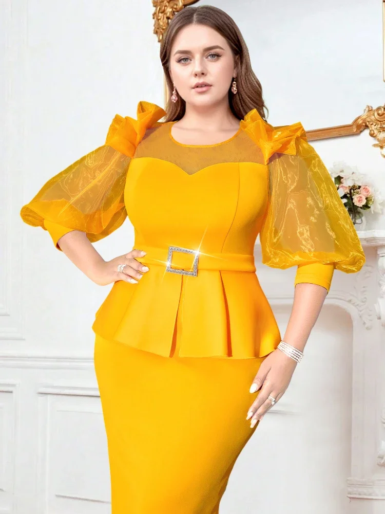 Women Yellow Peplum Party Dress Organza Patchwork Long Lantern Sleeve High Waist Ruffle Evening Birthday Event Gowns Plus Size