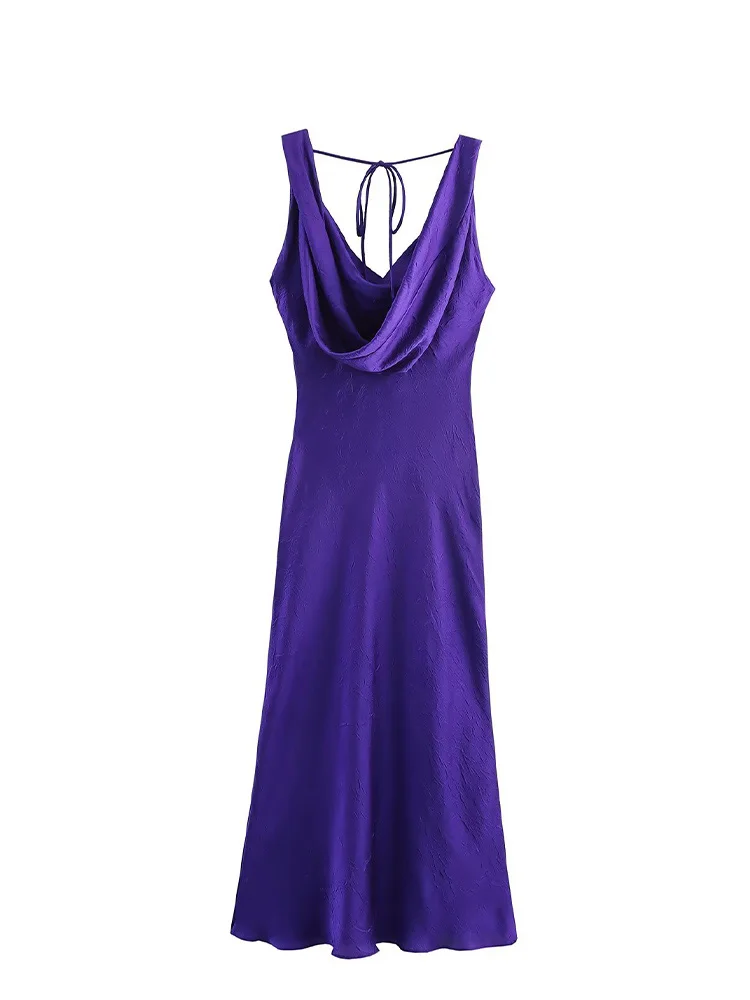 여성용 신상 섹시 백리스 언더웨어 미디 슬리브리스 드레스 여성 우아한 실크 새틴 텍스처 슬림 레이스업 롱 드레스