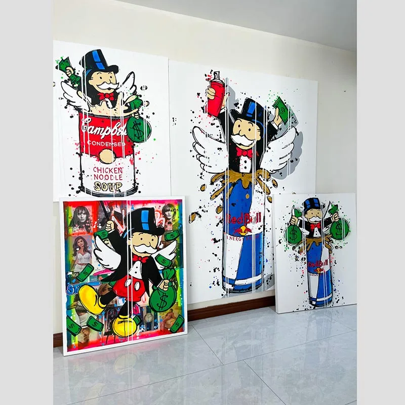 Alec Monopoly Hold Money Bag Poster Graffit Pop Canvas Painting Cartoon Rich Man Wall Art Print Pictures For Home Decor Unframed