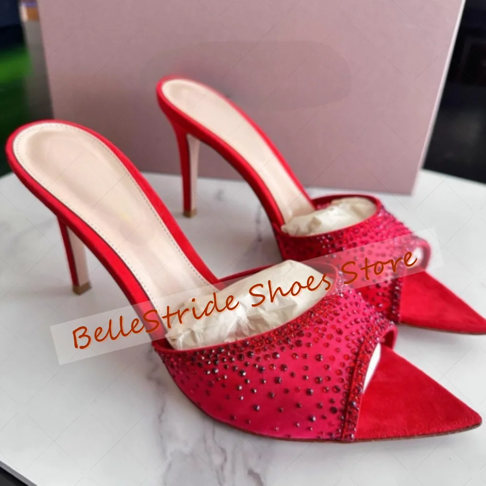 

Red Crystal Pointed Slippers Open Toe Fashion Women Shoes Stilettos High Heels Party Banquet Dating 2025 Zapatos Para Mujere