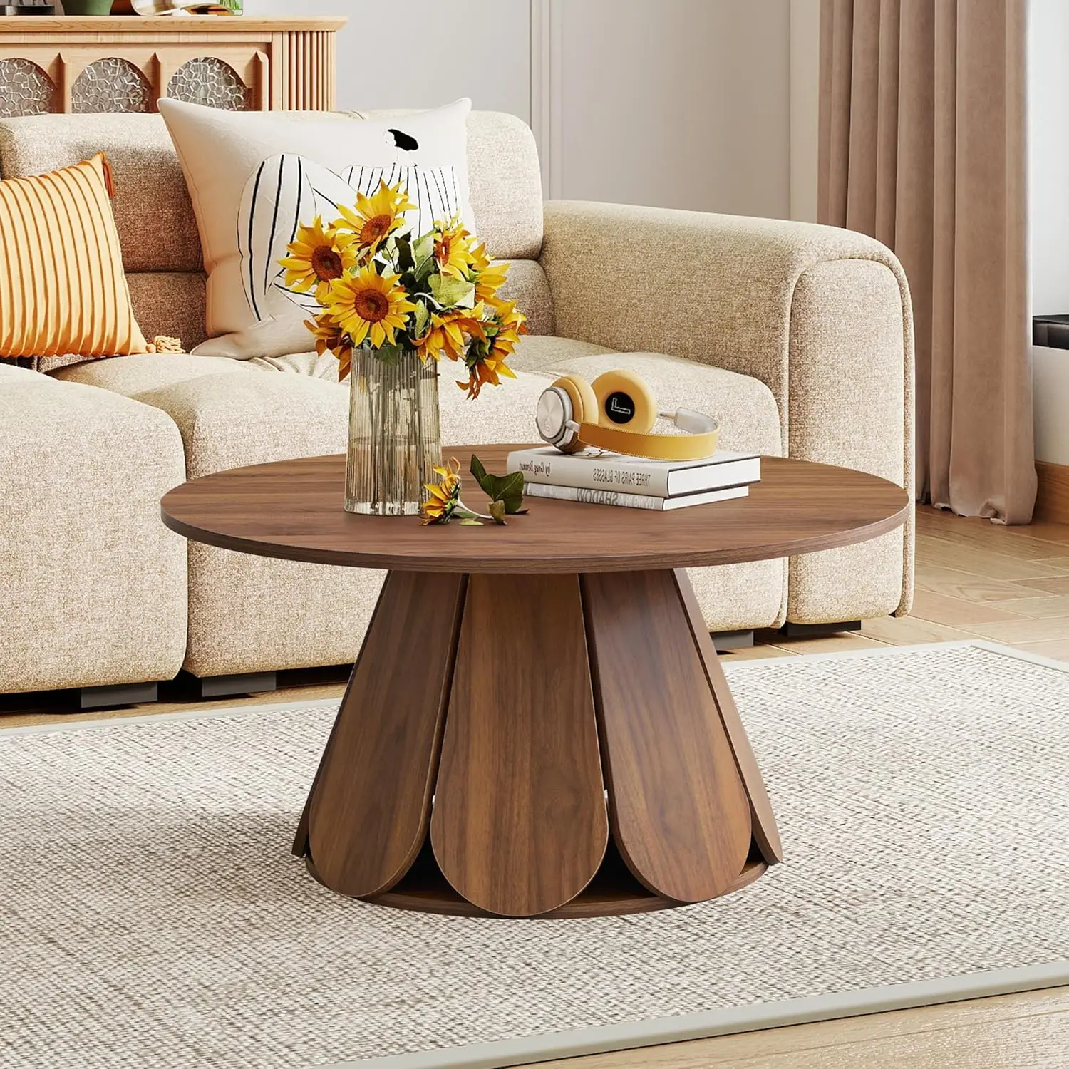 

Walnut Wood Round Coffee Table Pedestal Base Small Space Living Room Apartment, Customized