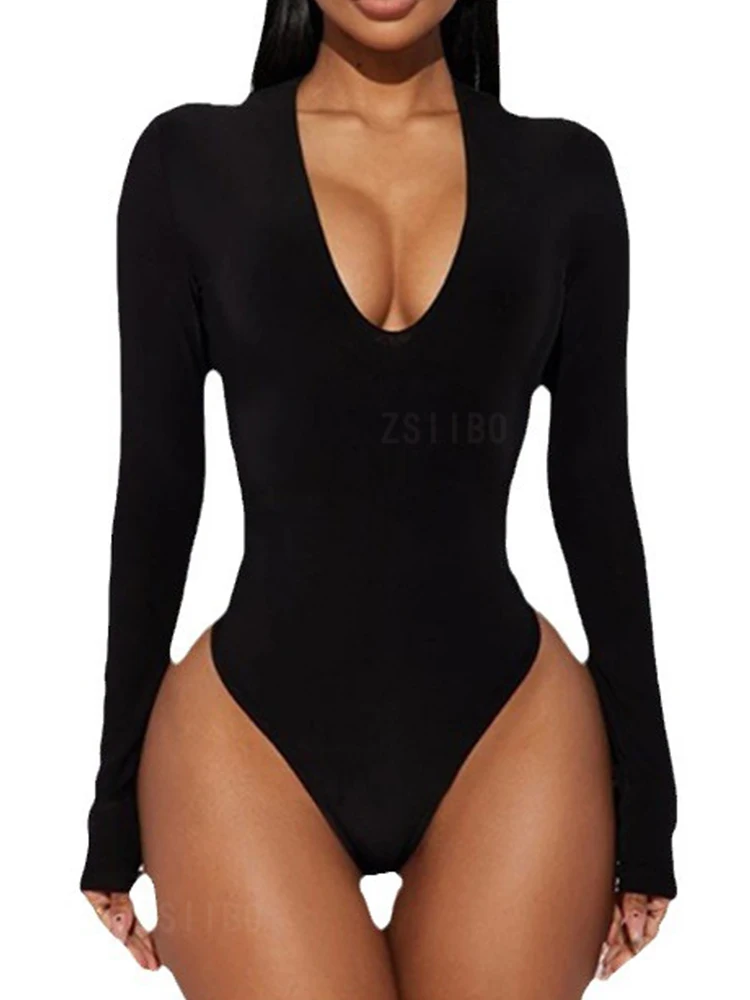 Long Sleeve Bodysuit Jumpsuit Woman clothing Black Solid Sexy Female Jumper Summer Beach Gym Yoga Going Out Basic Slim Top y2k