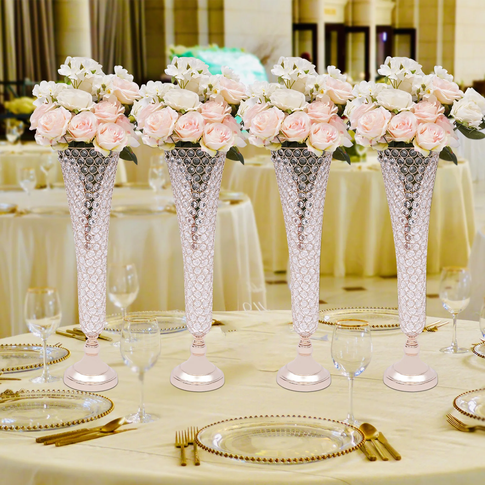 

4pcs Elegant Gold Crystal Trumpet Floral Vase Set, Luxury Vases with Wide Mouth & Sturdy Base for Bedroom, Office, Balcony Decor