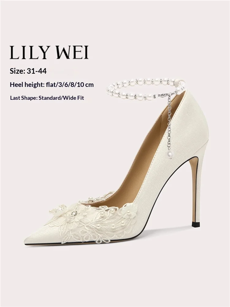 

Spring new pointed pearl rhinestone lace flat wedding shoes banquet large size small size widened version high-heeled women shoe