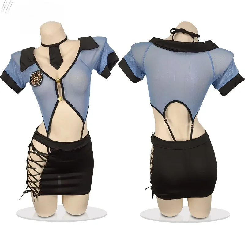 

Сексуальный полицейский женский офисный женский костюм для косплея с v-образным вырезом и открытой грудью, флюороскопическое боди, милая юбка стюардессы, эротическое белье
