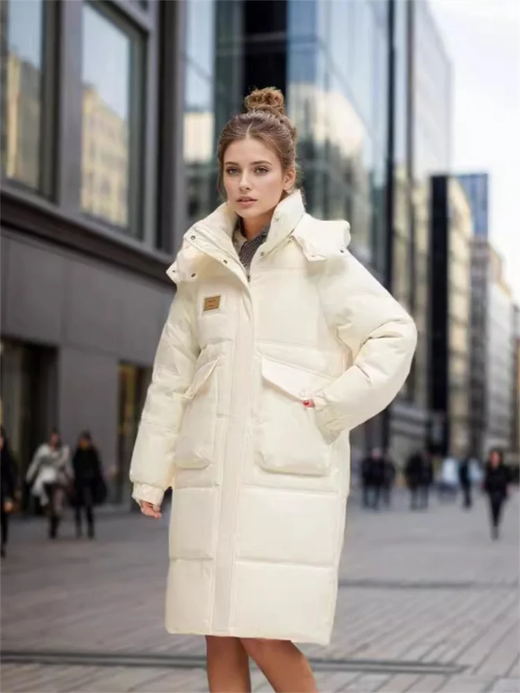 2024 Winter New Women\'s Puffer Jacket Solid Color Hooded The Korean Version Is Loose Long White Duck Down Is Thickened Warm Coat