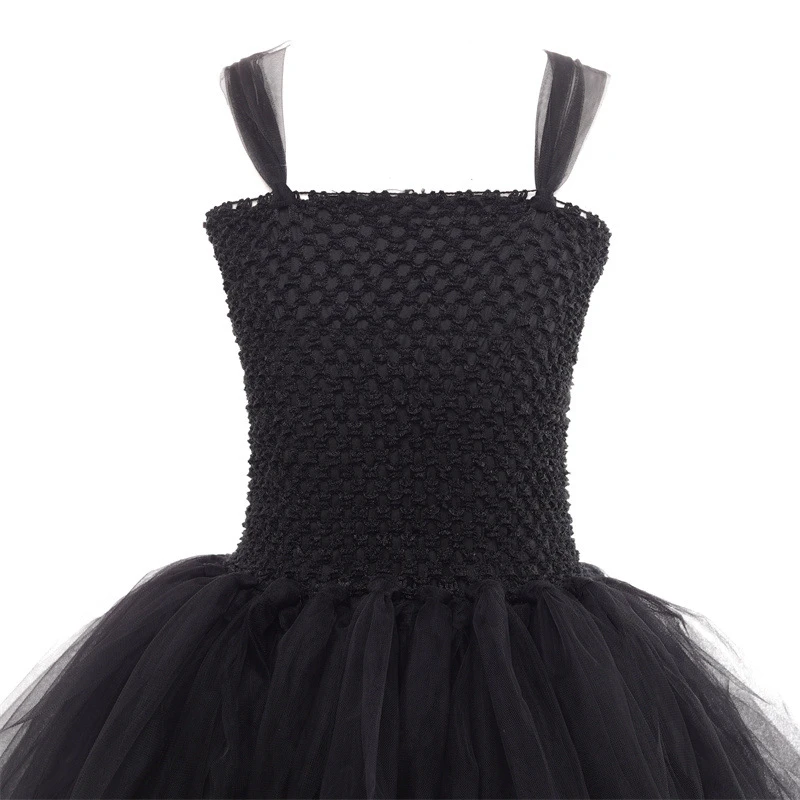 Mädchen Kostüm Dunkle Gefallene Engel-Königin, Spitzen-Tüllkleid, Horn-Stirnband, Federflügel, Zepter, Halloween-Karneval-Kinder-Cosplay-Outfit – Detail 7