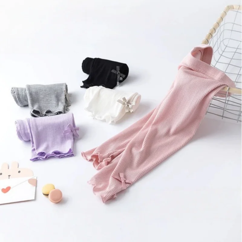 2026 Summer Kids Cute Seven Point Leggings 3-10Y Girls Solid Color Bow Waist Elastic Breathable Pants Children Clothes view 2