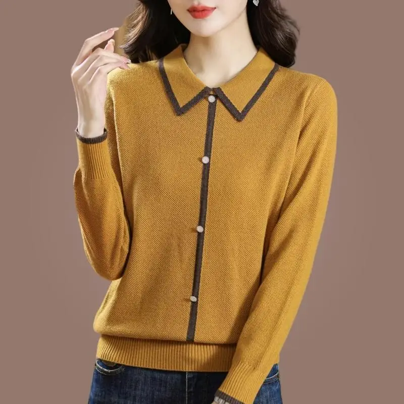 Spring and Autumn Women's Polo Neck Long Sleeve Loose Sweaters Cardigan Single Treated Basic Fashion Casual Office Lady Tops