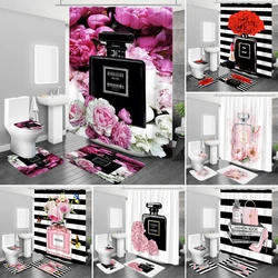 Luxury Perfume Cosmetic Flowers Art Fashion Girl Perfume Bottle Printed Shower Curtain with Hooks Mat Rug Bathroom Decor Set