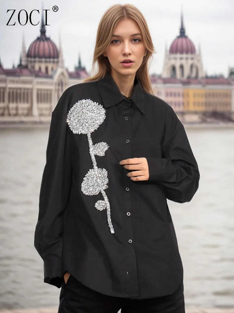 

ZOCI Women's Rhinestone Flower Shirts Long Sleeve Blouse Female Casual Tops Lapel Casual Shirt Unique Design 2025 Summer New