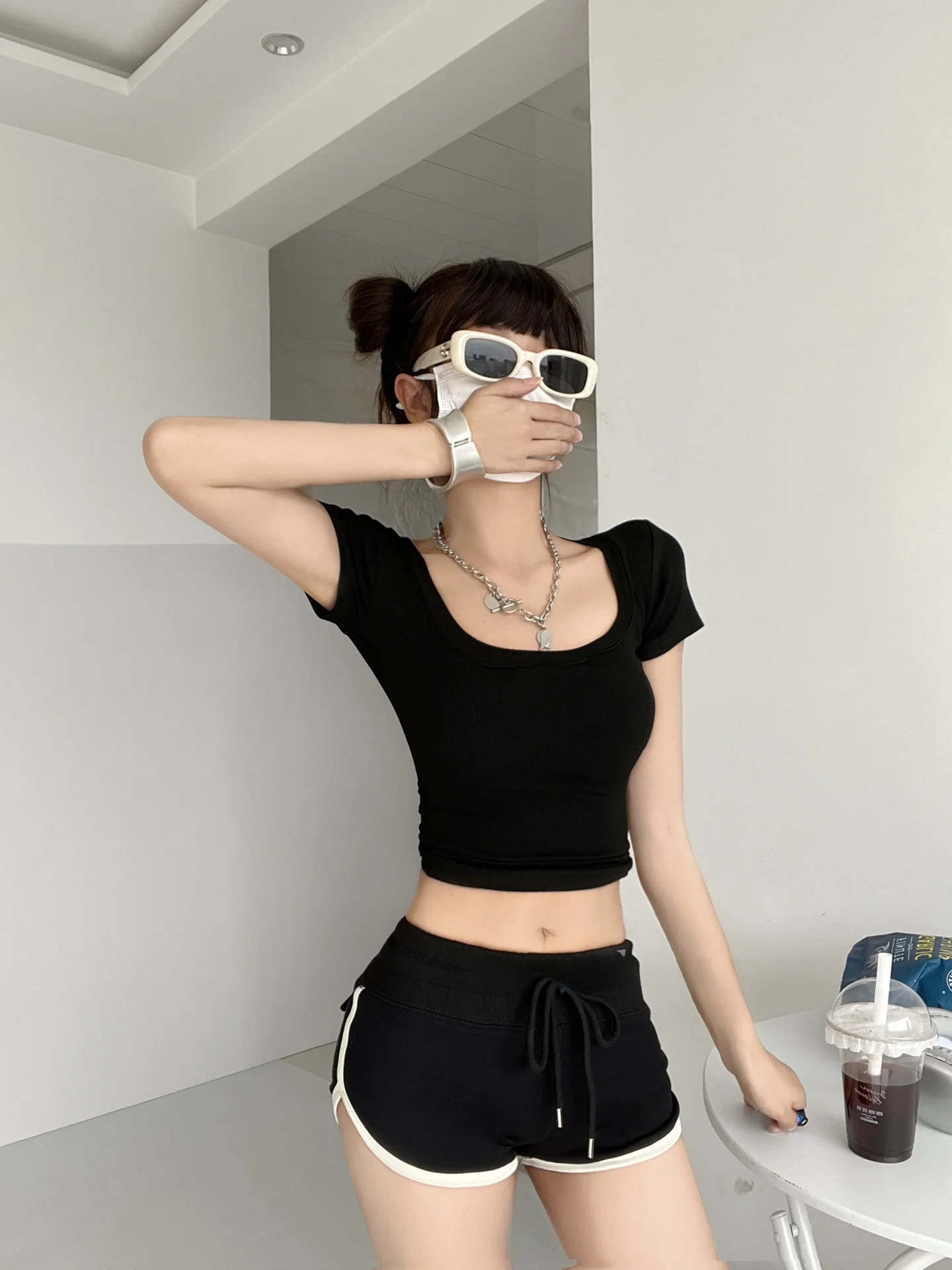 Low Waist Color Blo Spor orts for Women Summer Street Sle Casual Loose Fit Dstring Tee Quarter Length Pants