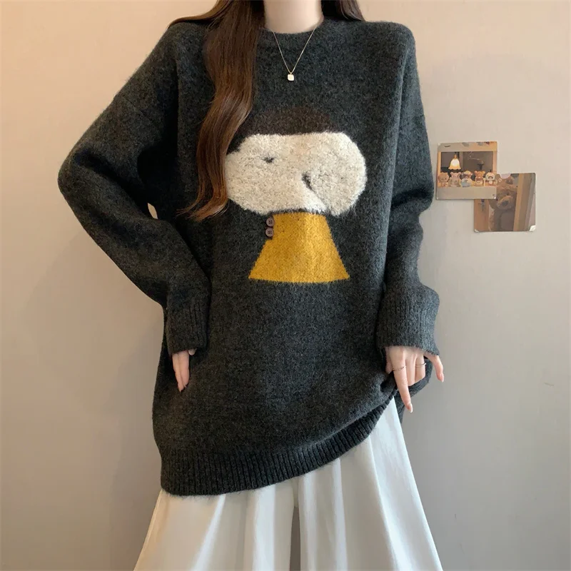 

Ladies Knitted Sweater round Ne Long Sve Hoodie Lazy Towel Embroidery Autumn Winter Thiened Anti-Aging Women's irt