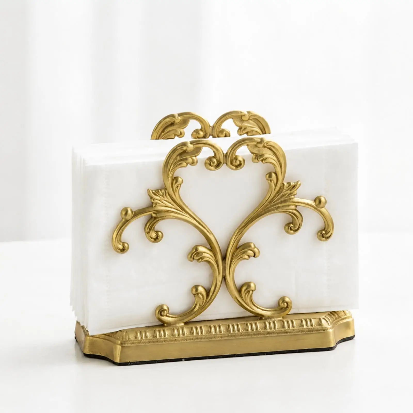 Stylish Gold Napkin Holder for Vanity Area Brass Material with Floral Scrollwork and Curved Legs