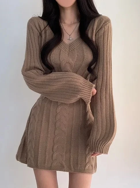 

Retro Korean V-ne Knitted Dr Women's Ba Split Slimming ort Skirt Sweet Sle Long Sve Sweetheart Bodycon Dr