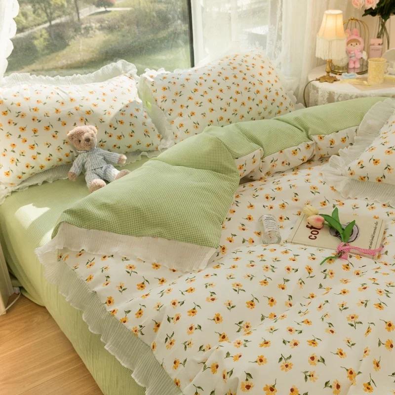 150/180/200CM 작은 꽃 인쇄 녹색 폴리 에스터 침대 시트 이불 커버 Pillowcase 네 조각 봄 여름 침구 세트 M055-29 