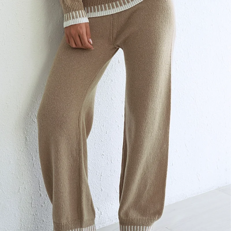 سراويل نسائية سميكة للخريف والشتاء بألوان متباينة، سراويل صوفية منسوجة واسعة الساق غير رسمية #4