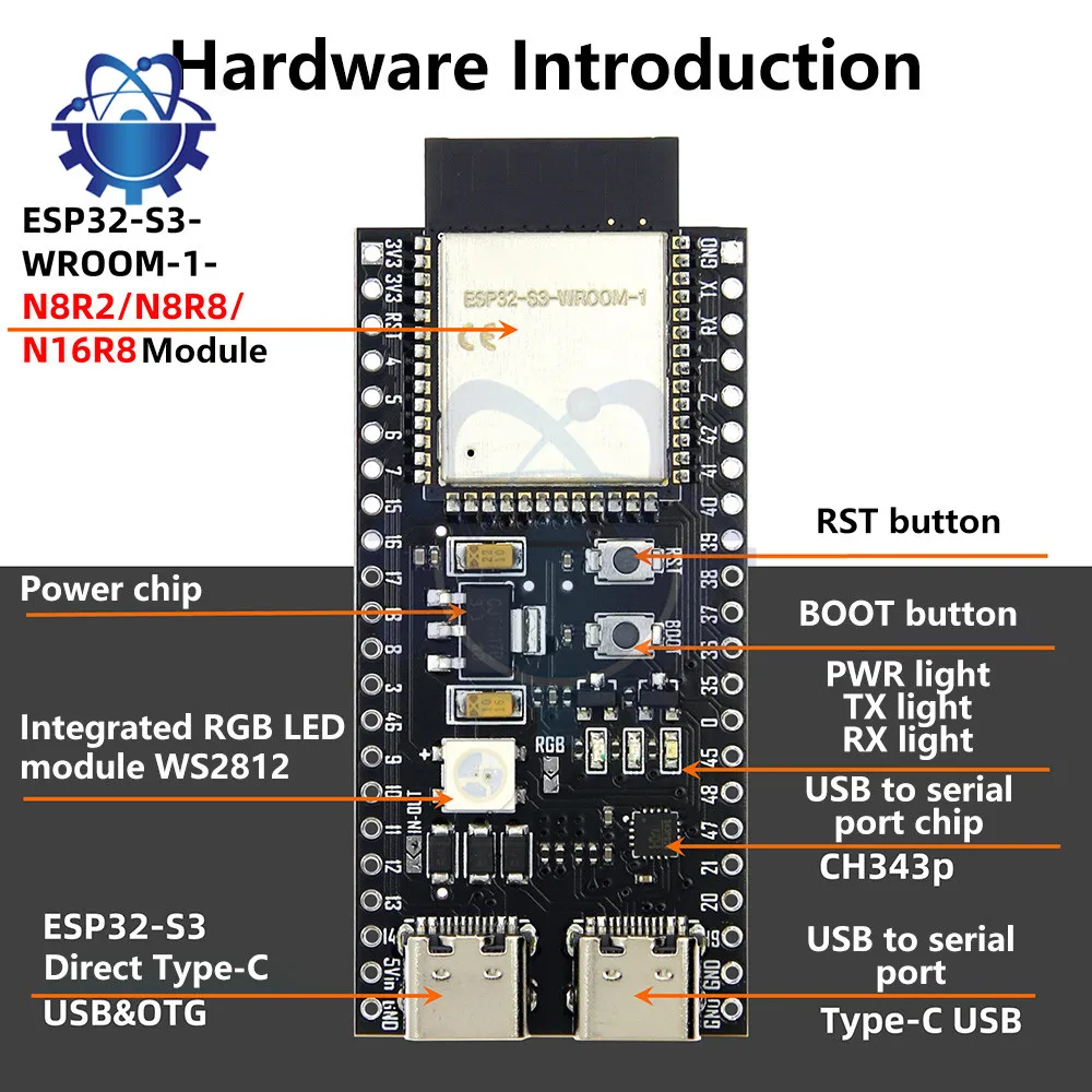 ESP32-S3 와이파이 블루투스 사물 인터넷, 듀얼 C타입 개발 보드, 코어 보드, WROOM ESP32-S3-DevKit C N8R2 N16R8