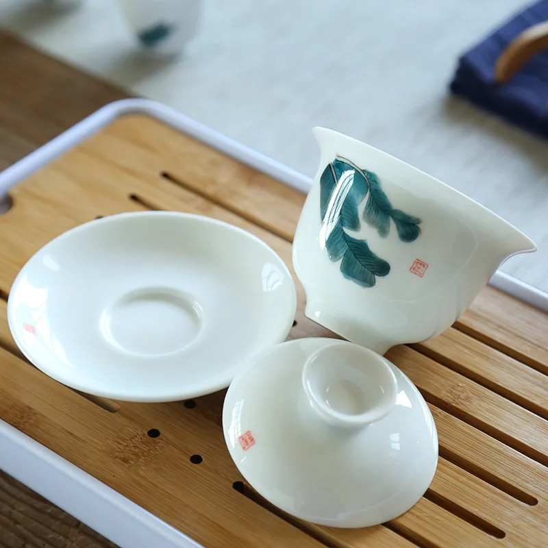 

Hand-Painted Three-Force Cover Bowl Handmade Ceramic Tea Bowl Simple Ceramic Whiteware Chinese Kung Fu Tea Set Tea Cup gaiwan