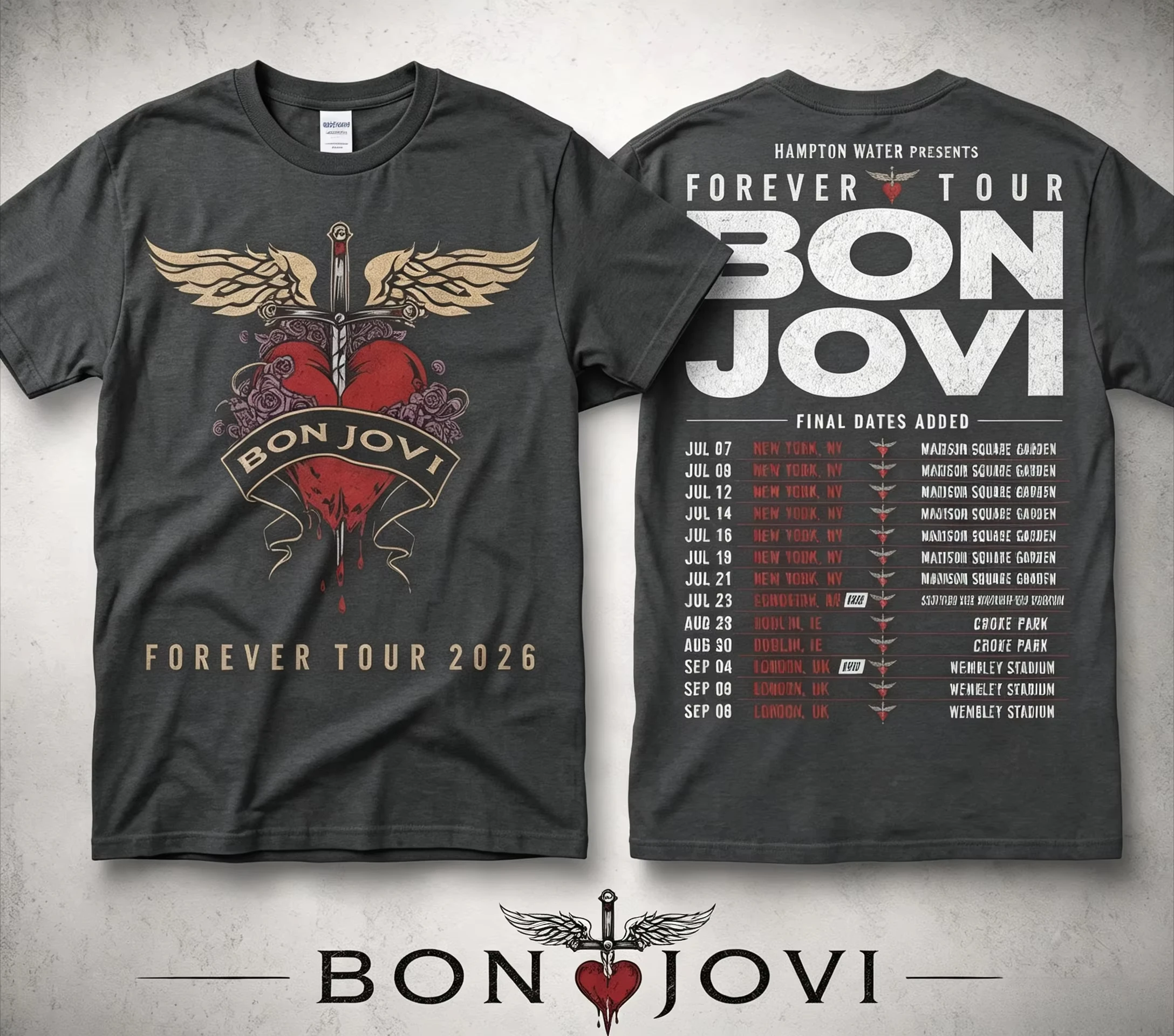 Forever Tour 2026 Bon Jovi Double Sided Printed T-shirt Heart Dagger Wings Graphic Rock Music Fan Casual Cotton Short Sleeve