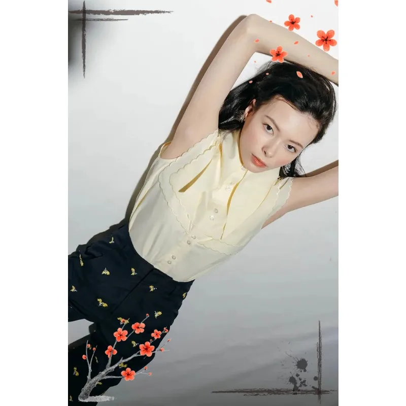 

Летние женские топы однотонного цвета в японском стиле с вышивкой, двухслойные элегантные блузки с заостренным воротником, безрукавные рубашки