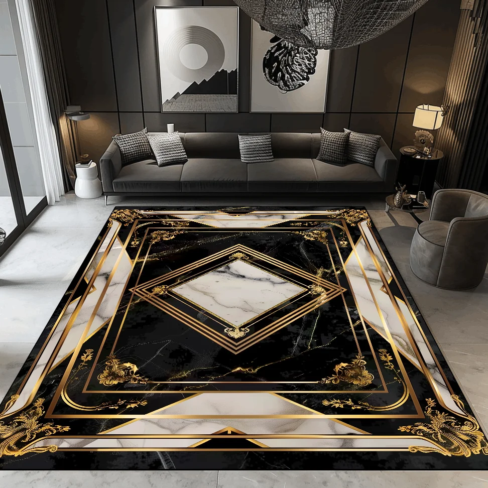 Living Room Decoration Luxury Carpets Black Golden Marble Carpet European Home Sofa Floor Mat Room Decor Doorway Hallway Rugs