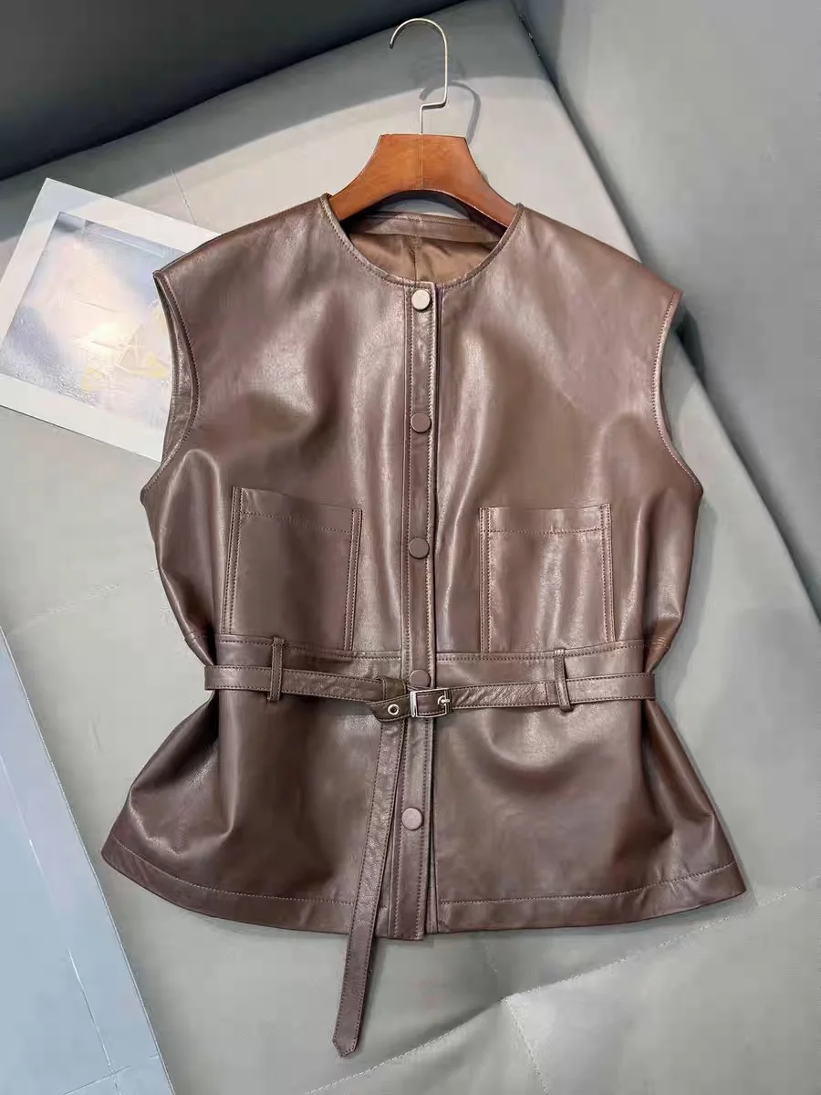 Moda Tasca Sottile Cintura Gilet Donna Femme 100% Pelle Nero Borgogna Gilet Mujer Maglione Manteau Giacca senza maniche