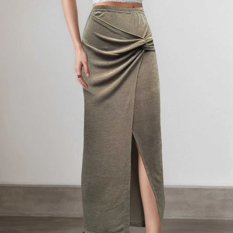 Office Lady Khaki Pleated Straight Split Skirts Vintage Slim High Waist Ankle-Length Skirts Women 2026 Summer Casual Skirts