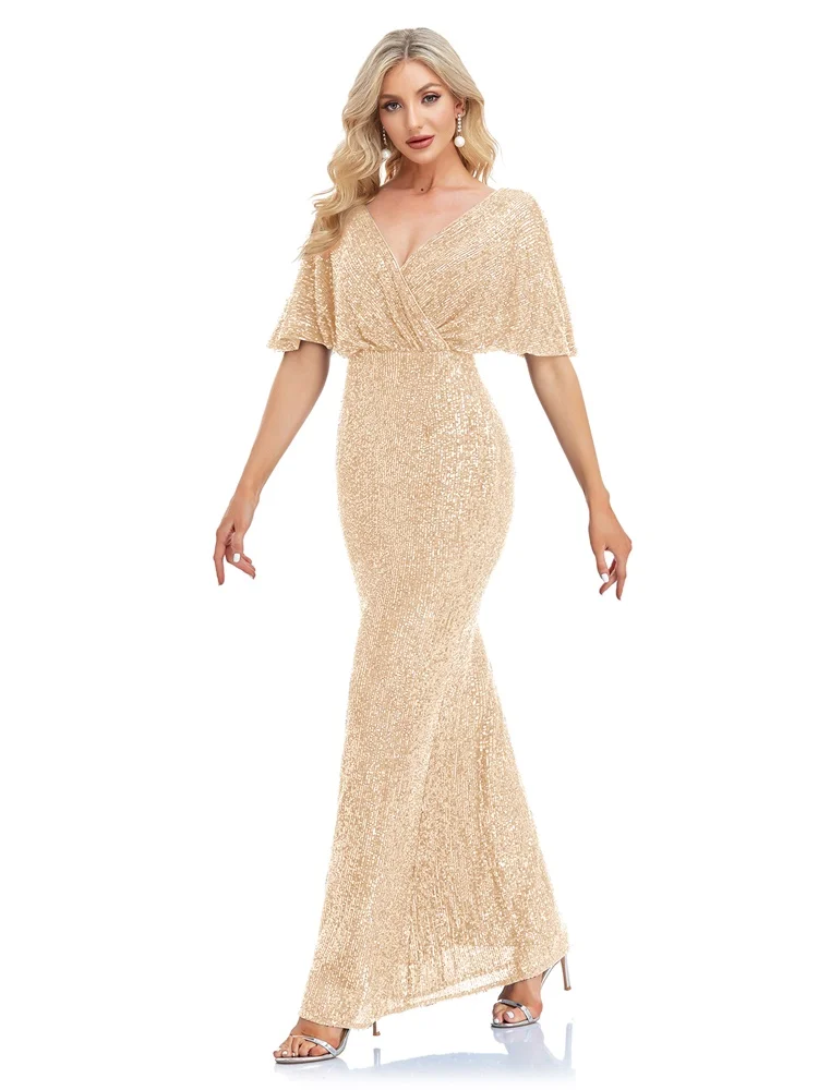 

Women Elegant V-neck Luxury Evening Dress Sexy Sequin Mermaid Dress Floor Lenght Prom Blue Party Dress vestido