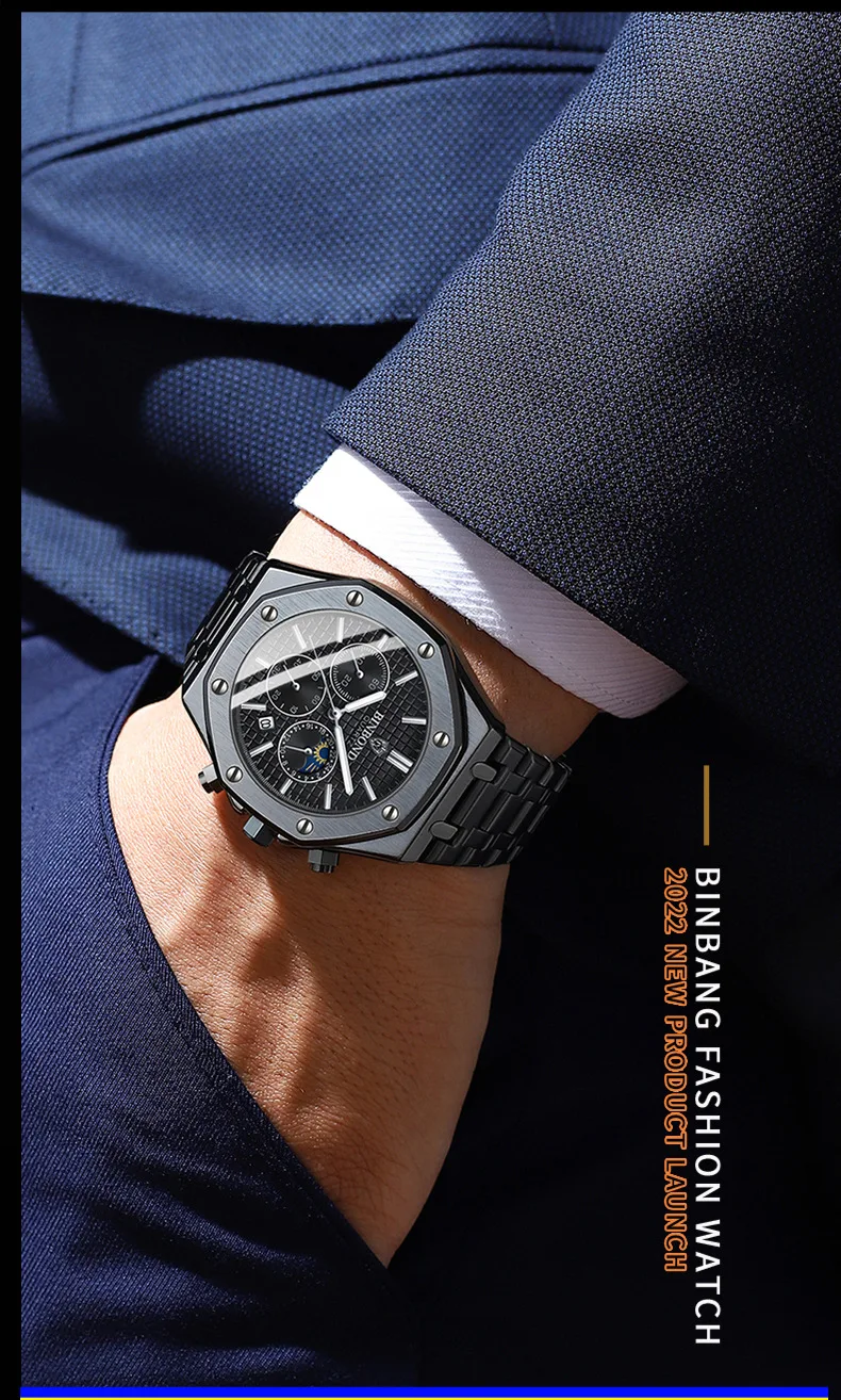 

2024 BINBOND B0161 Top box Brand Man Casual Quartz Watch Luxury Luminous Wristwatch Stainless Steel Waterproof Men Clock