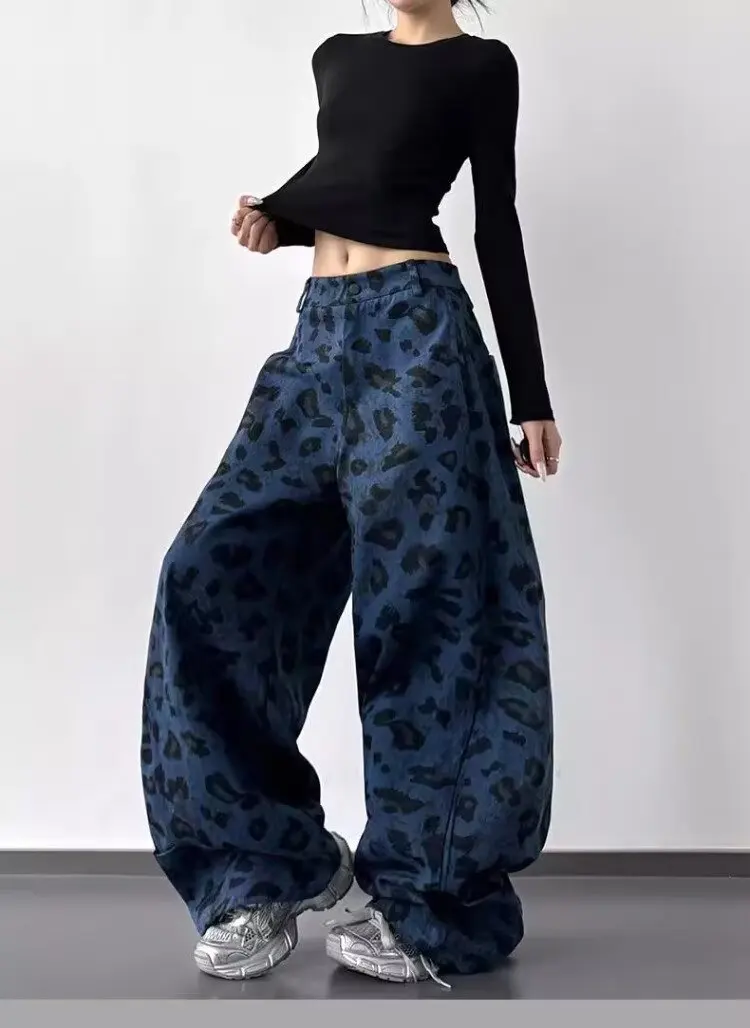 Women's Pants Blue Leopard Y2k Baggy Jeans Vintage Wide Leg Denim Trousers Aesthetic 2000s Style Oversize Boyfriend Jeans Pants