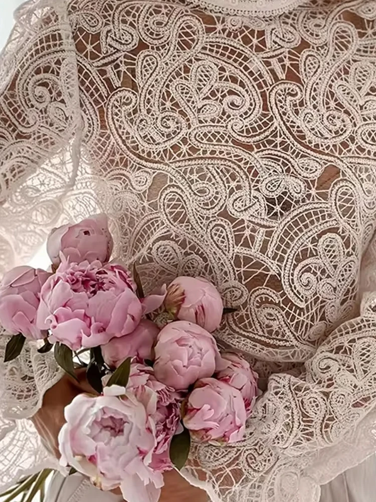 

Elegant Standing Collar Hollow Out Shirt 2026 Spring Casual Long Sleeve Solid Tops Summer Fashion Lace Commuting Loose Blouse