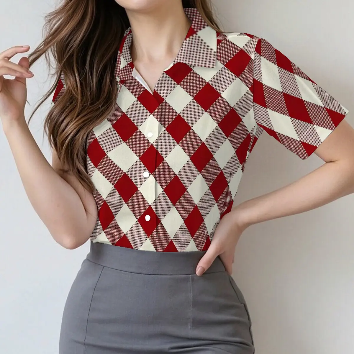 Summer Women's Short-Sleeve Shirt, Classic Retro Red-and-White Argyle Pattern Eye-Catching for Festive Occasions and Social Even