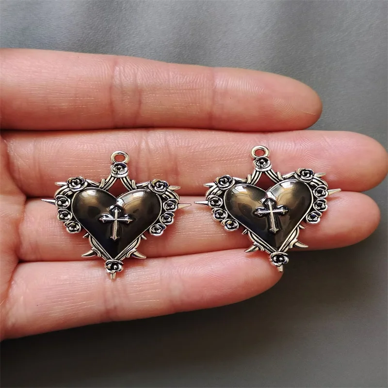 4pcs 30*34mm Thorn Rose Cross Heart Charms Enamel Halloween Pendant Designer Charms Fit Jewelry Making DIY Jewelry Findings