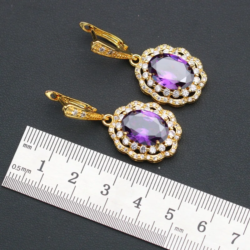 Luxurious Purple Zirconia Gold Color Bridal Jewelry Sets For Women Wedding Earrings Pendant Ring Bracelet Chain  Gift