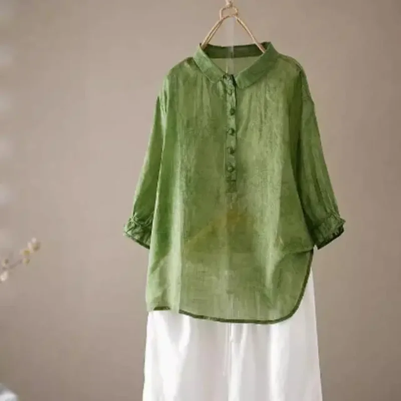 

Women Retro Linen Cotton Half Sleeve Blouse Collared Loose Casual Summer Shirt for Middle-aged