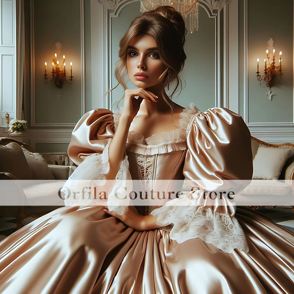 Vintage Victorian Pink Prom Dresses Long Sleeves Square Collar Corset Ball Gown Appliques Medieval Special Occasion Customized