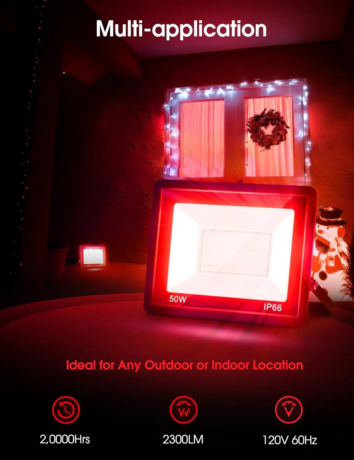 Luz de inundación LED roja de 50 W con sensor de atardecer al amanecer, resistente al agua IP66 para decoración navideña al aire libre, listado por UL, paquete de 2