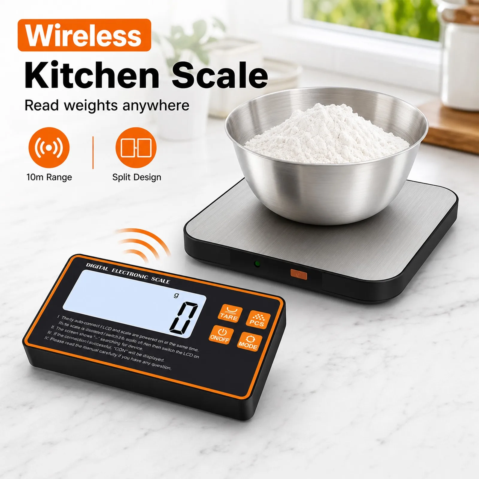 Wireless Split Digital Kitchen Scale 10m Remote Display 6 Units Convert Tare Function Stainless Steel Platform for Cooking Bakin