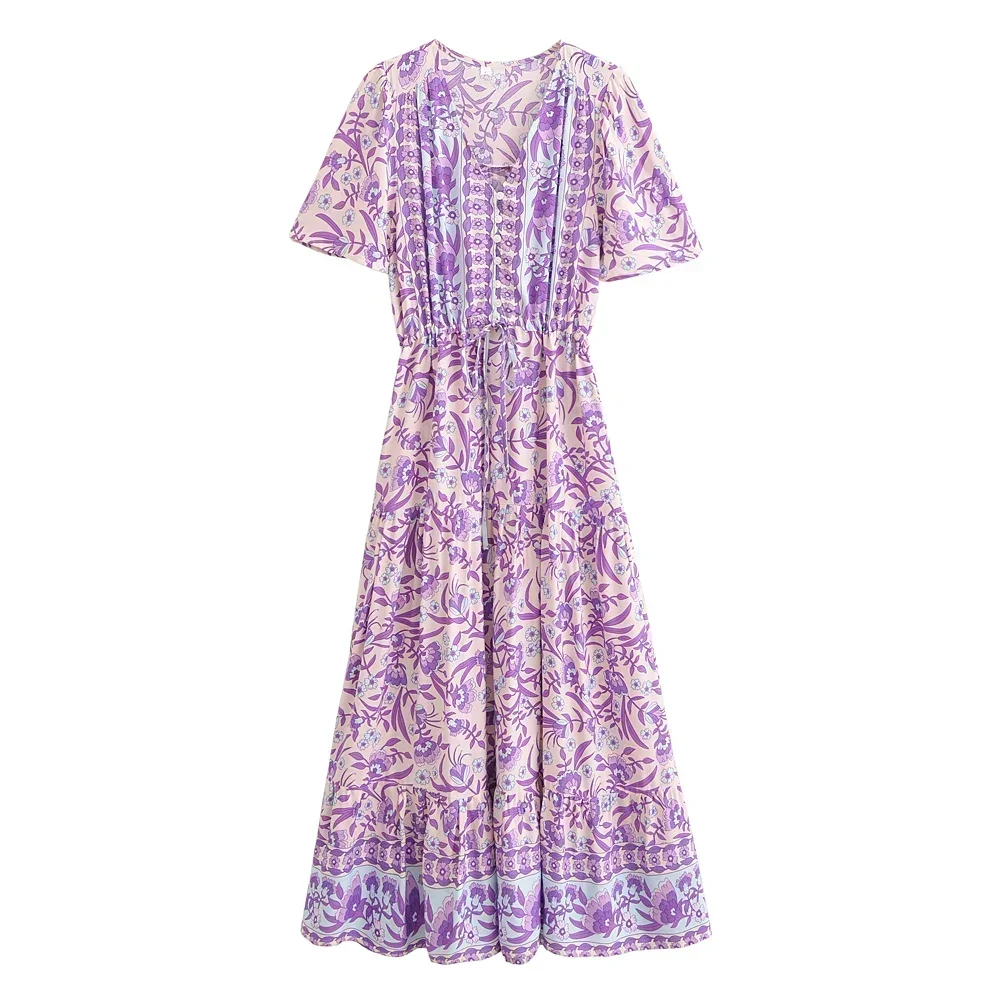 Happie Queens Women Purple Floral Print Button V-neck Beach Bohemian Maxi Dresses Ladies Rayon Pleated Boho Dress Vestidos