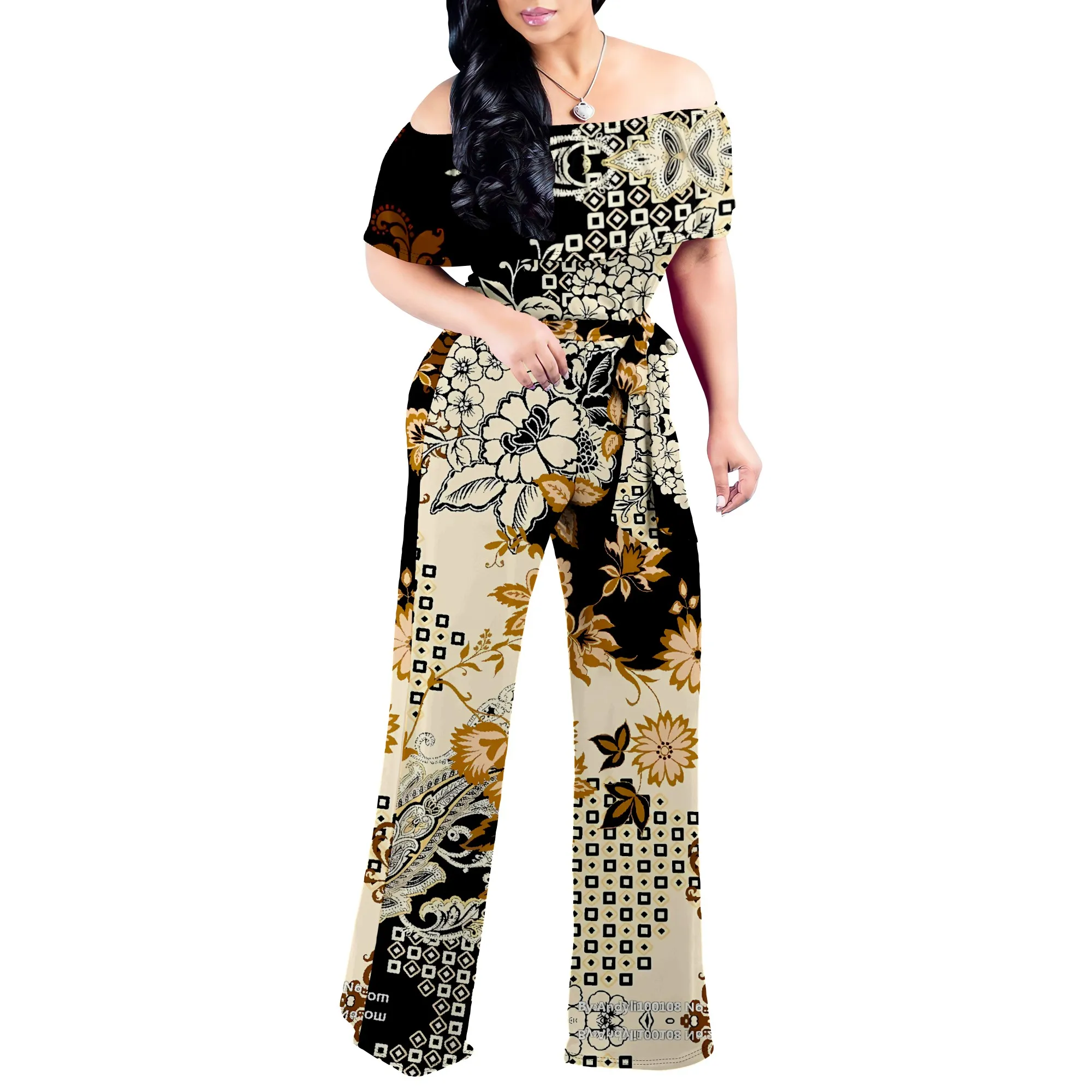 Yellow Retro Floral Print Off Shoulder Wide Leg Jumpsuit Women Summer Casual Romper