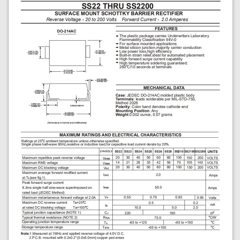 100PCS Rectifier diode SS22 SS23 SS24 SS26 SS28 SS210 SS2150 SS2200 DO-214AC Schottky dioden