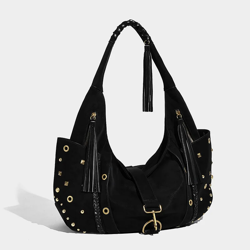 

FIRMRANCH Punk Heavy Industrial Multi-Element Retro Motorcycle Bag Model Faded Armpit Spicy Girl Commuting Tote Rivet Design