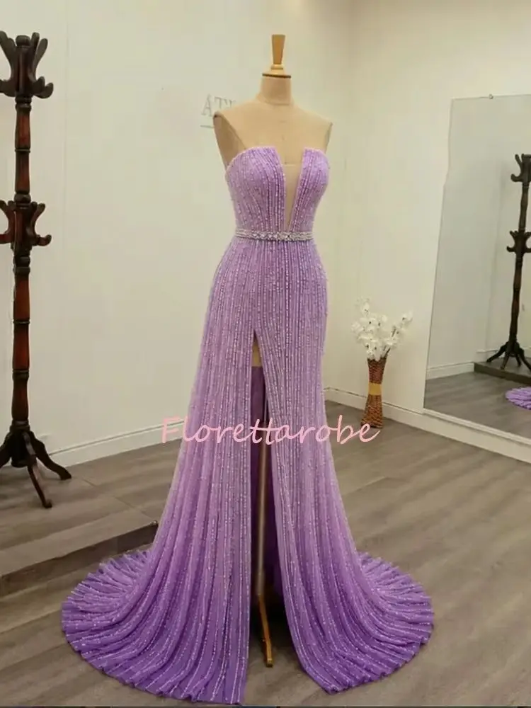 Modern V-Neck Sequined Beads Sleeveless Formal Evening Dresses Birthday Party gradient color side slit Prom Gowns Customized