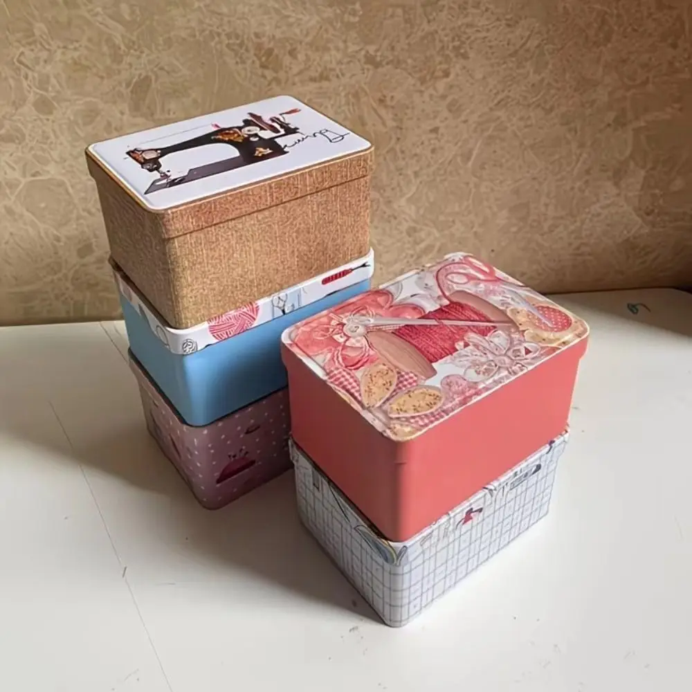 Rectangular Shape Sewing Storage Box Printed Pattern Smooth Metal Surface Thread Storage Box Portable Organizer