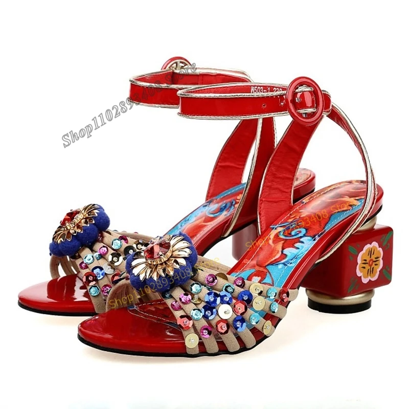 

Mixed Color Crystal Flower Print Sandals Strange Style Heel Peep Toe Buckle Western Women Shoes 2023 Fashion Zapatos Para Mujere