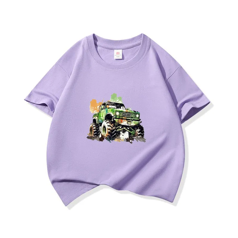 Kids Cotton T Shirt Green Watercolor Off-road Car Print Crew Neck Short Sleeve Tee Casual Breathable Boys Girls Summer Tops