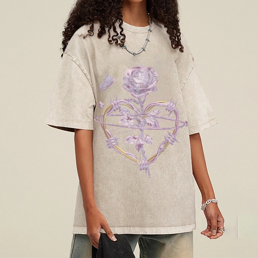 

Graphic Tees Rose Heart Tee Premium Cotton, High - Quality Oversize Light Tee. Purple Rose & Heart, Romantic Y2K Style